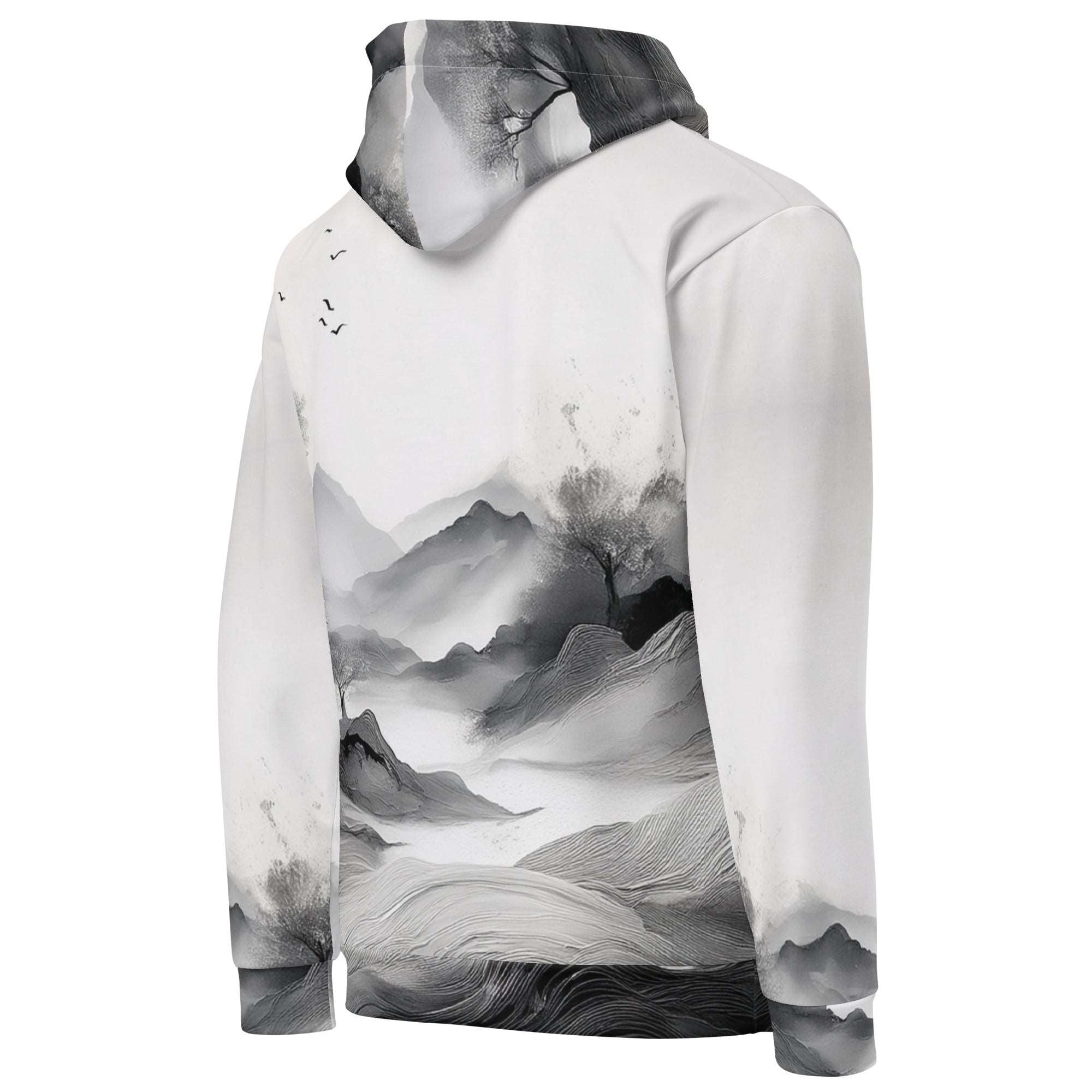 “Women’s Watercolour-Print-15 Muse Hoodie backside in white with gray hand-painted landscape design, featuring abstract mountains and trees, kangaroo pocket, and adjustable drawstring hood.”
