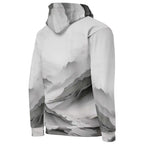“Women’s Watercolour-Print-16 Muse Hoodie backside in white with gray hand-painted landscape design, featuring abstract mountains and trees, kangaroo pocket, and adjustable drawstring hood.”