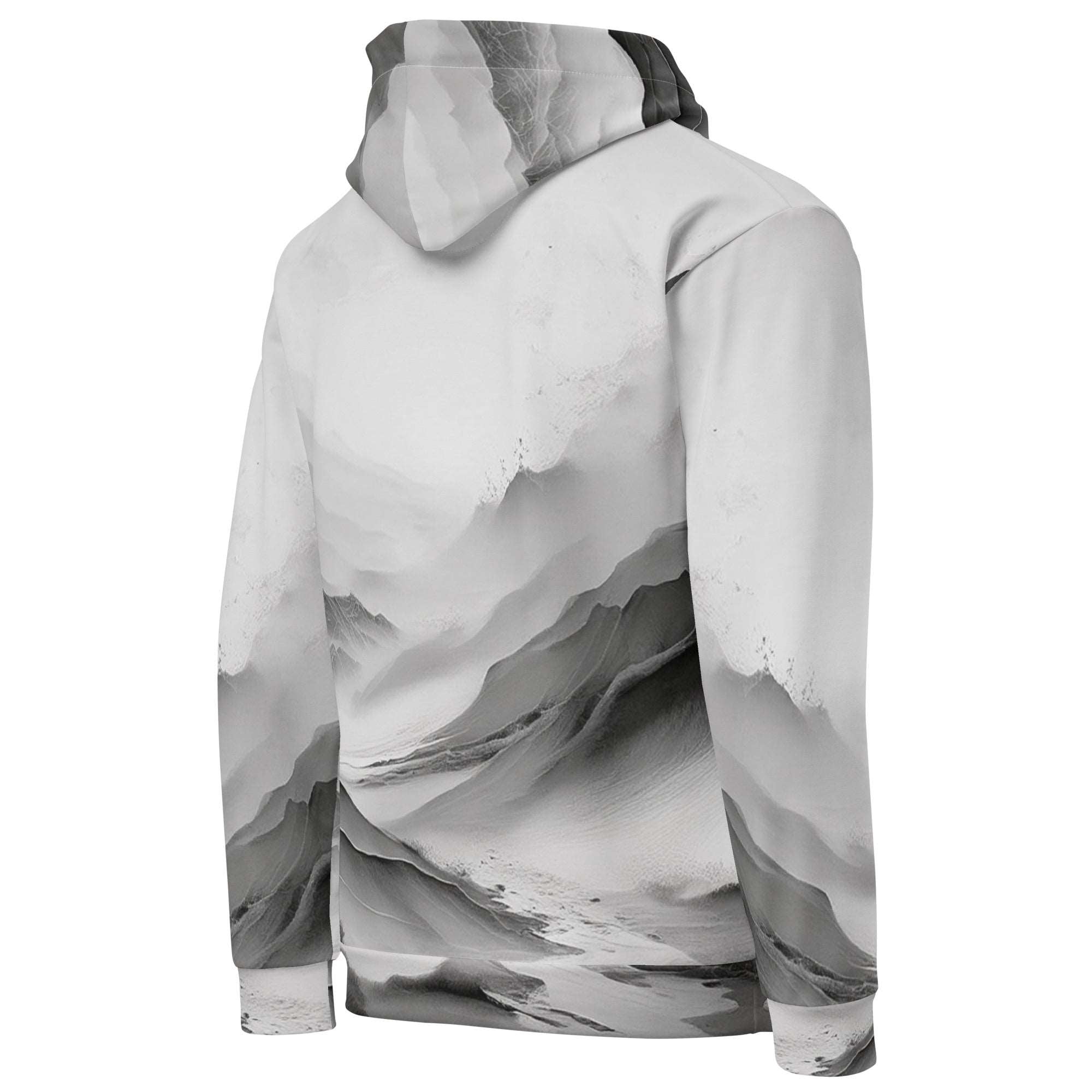 “Women’s Watercolour-Print-16 Muse Hoodie backside in white with gray hand-painted landscape design, featuring abstract mountains and trees, kangaroo pocket, and adjustable drawstring hood.”