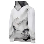 “Women’s Watercolour-Print-17 Muse Hoodie backside in white with gray hand-painted landscape design, featuring abstract mountains and trees, kangaroo pocket, and adjustable drawstring hood.”