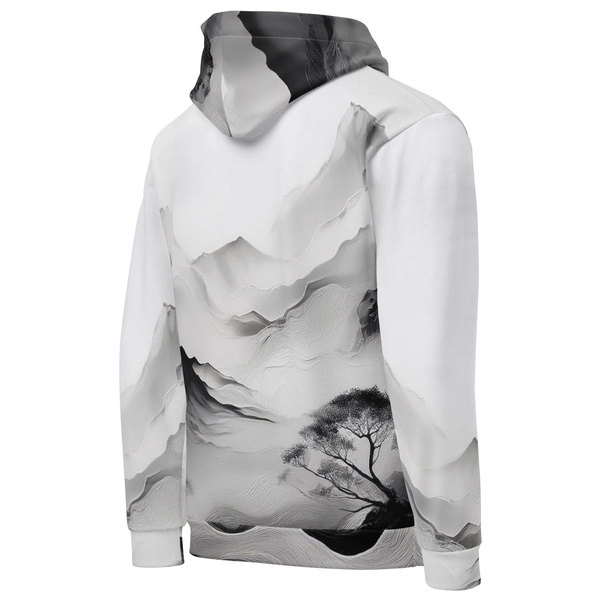 “Women’s Watercolour-Print-17 Muse Hoodie backside in white with gray hand-painted landscape design, featuring abstract mountains and trees, kangaroo pocket, and adjustable drawstring hood.”