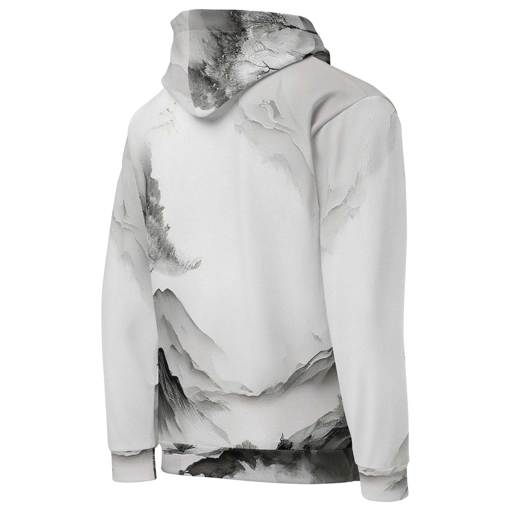 “Women’s Watercolour-Print-19 Muse Hoodie backside in white with gray hand-painted landscape design, featuring abstract mountains and trees, kangaroo pocket, and adjustable drawstring hood.”