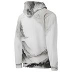 “Women’s Watercolour-Print-19 Muse Hoodie backside in white with gray hand-painted landscape design, featuring abstract mountains and trees, kangaroo pocket, and adjustable drawstring hood.”