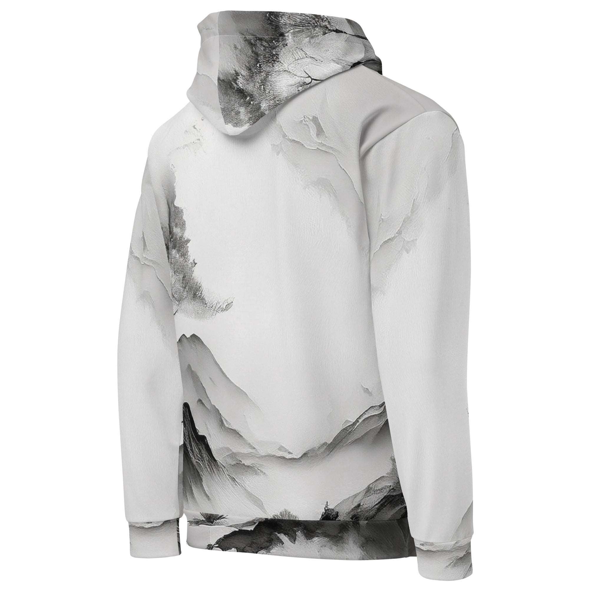 “Women’s Watercolour-Print-19 Muse Hoodie backside in white with gray hand-painted landscape design, featuring abstract mountains and trees, kangaroo pocket, and adjustable drawstring hood.”