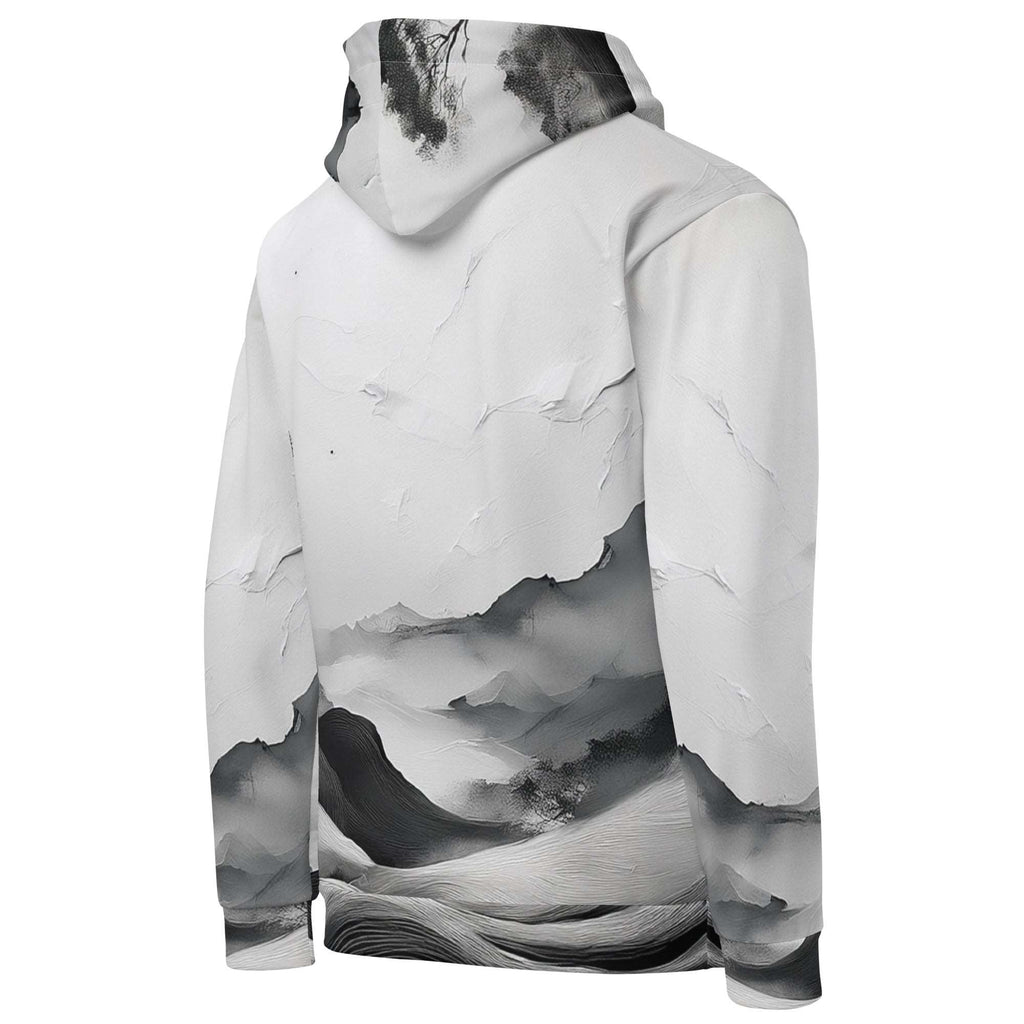 “Women’s Watercolour-Print-20 Muse Hoodie backside in white with gray hand-painted landscape design, featuring abstract mountains and trees, kangaroo pocket, and adjustable drawstring hood.”