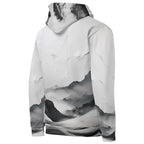 “Women’s Watercolour-Print-20 Muse Hoodie backside in white with gray hand-painted landscape design, featuring abstract mountains and trees, kangaroo pocket, and adjustable drawstring hood.”