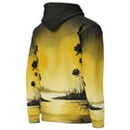 An FFD Luminescence-2 hoodie (backside pose) with a black, white and yellow gradient print of a nature-inspired design featuring hues of white yellow and black tones.