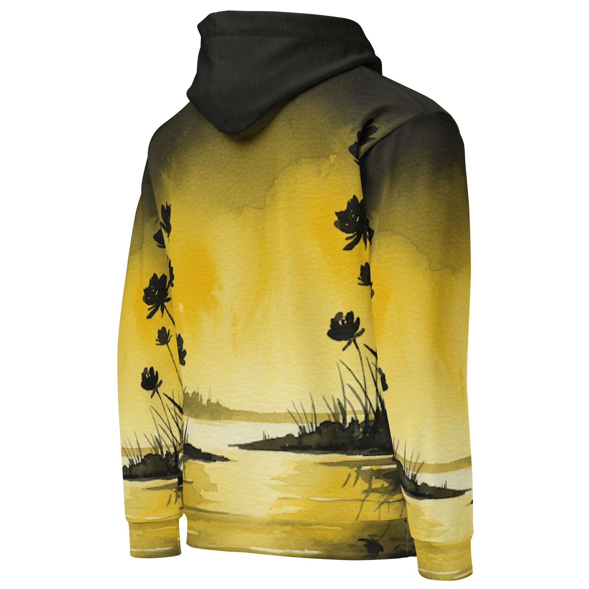 An FFD Luminescence-2 hoodie (backside pose) with a black, white and yellow gradient print of a nature-inspired design featuring hues of white yellow and black tones.