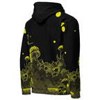 An FFD Luminescence-3 hoodie (backside pose) with a black, white and yellow gradient print of a nature-inspired design featuring hues of white yellow and black tones.
