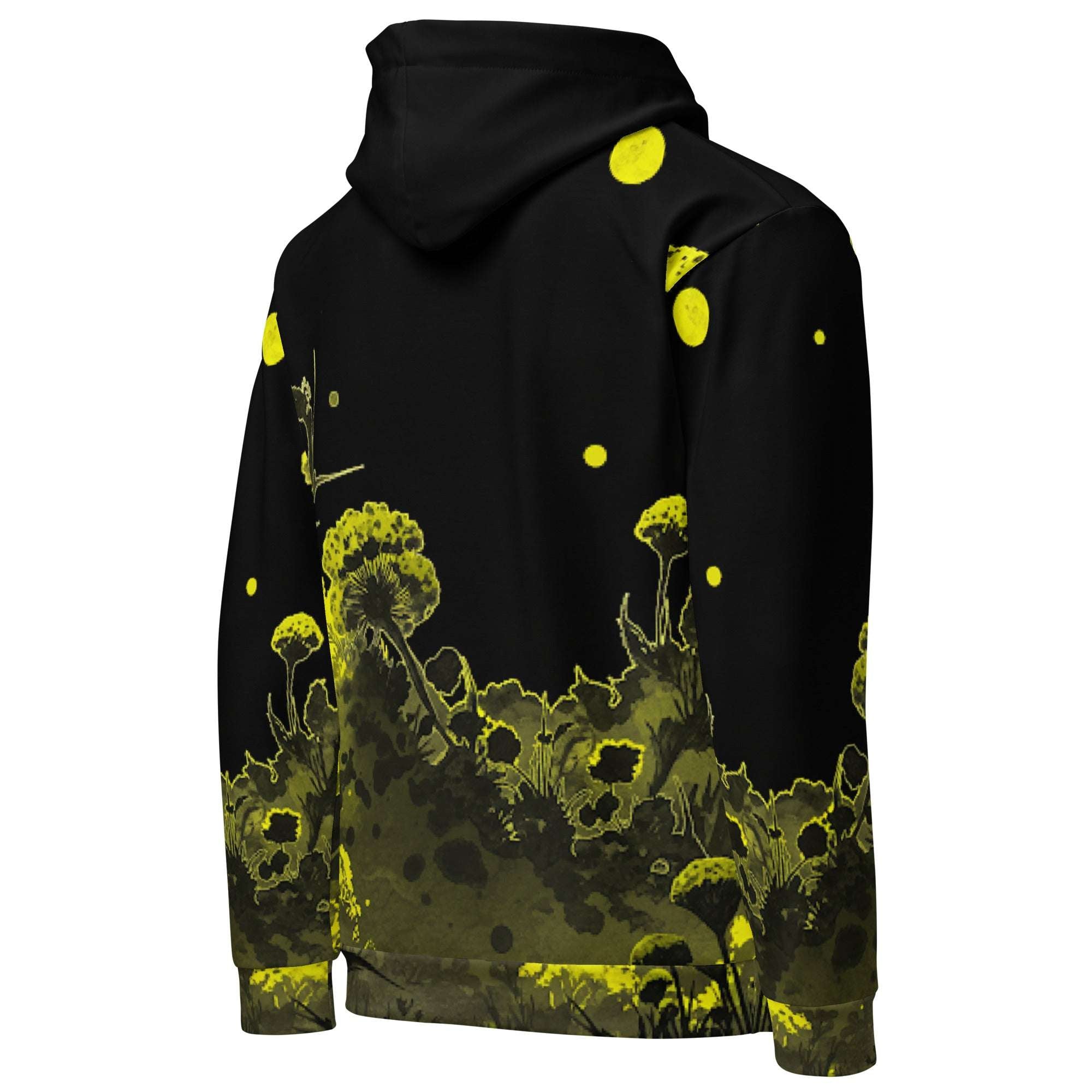 An FFD Luminescence-3 hoodie (backside pose) with a black, white and yellow gradient print of a nature-inspired design featuring hues of white yellow and black tones.