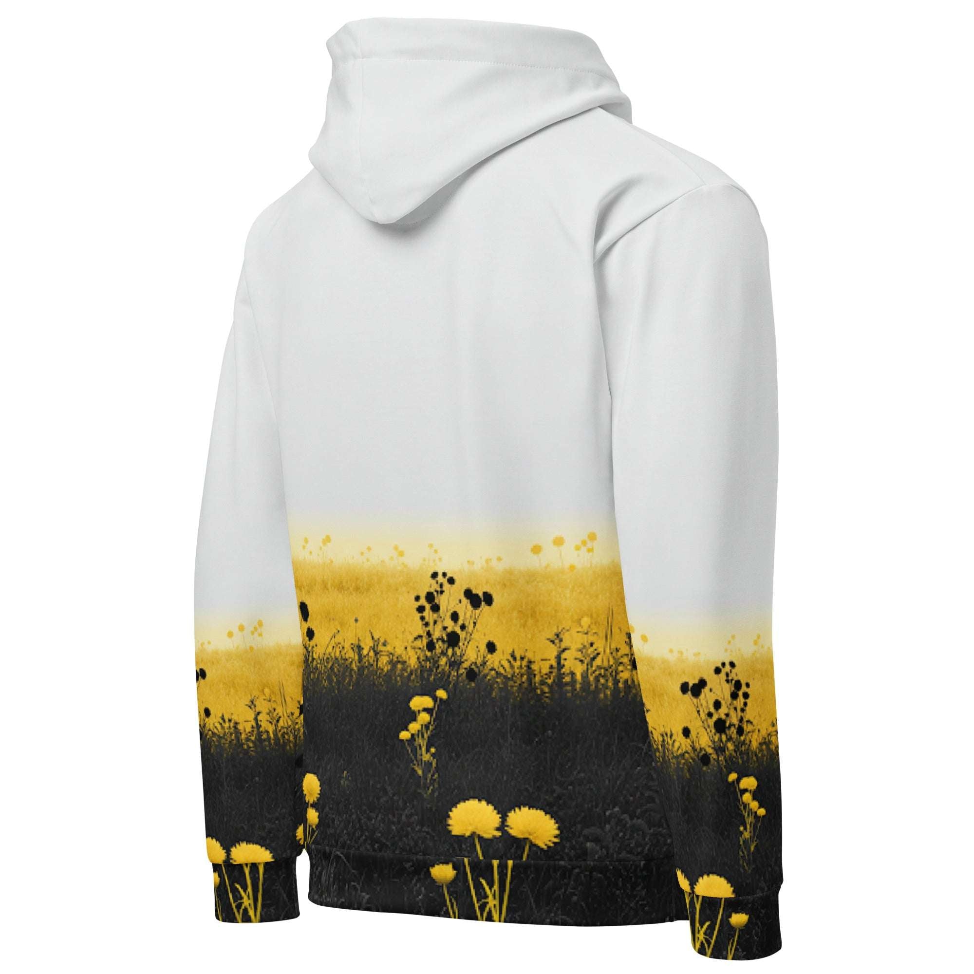 An FFD Luminescence hoodie (backside pose) with a black, white and yellow gradient print of a nature-inspired design featuring hues of white yellow and black tones.