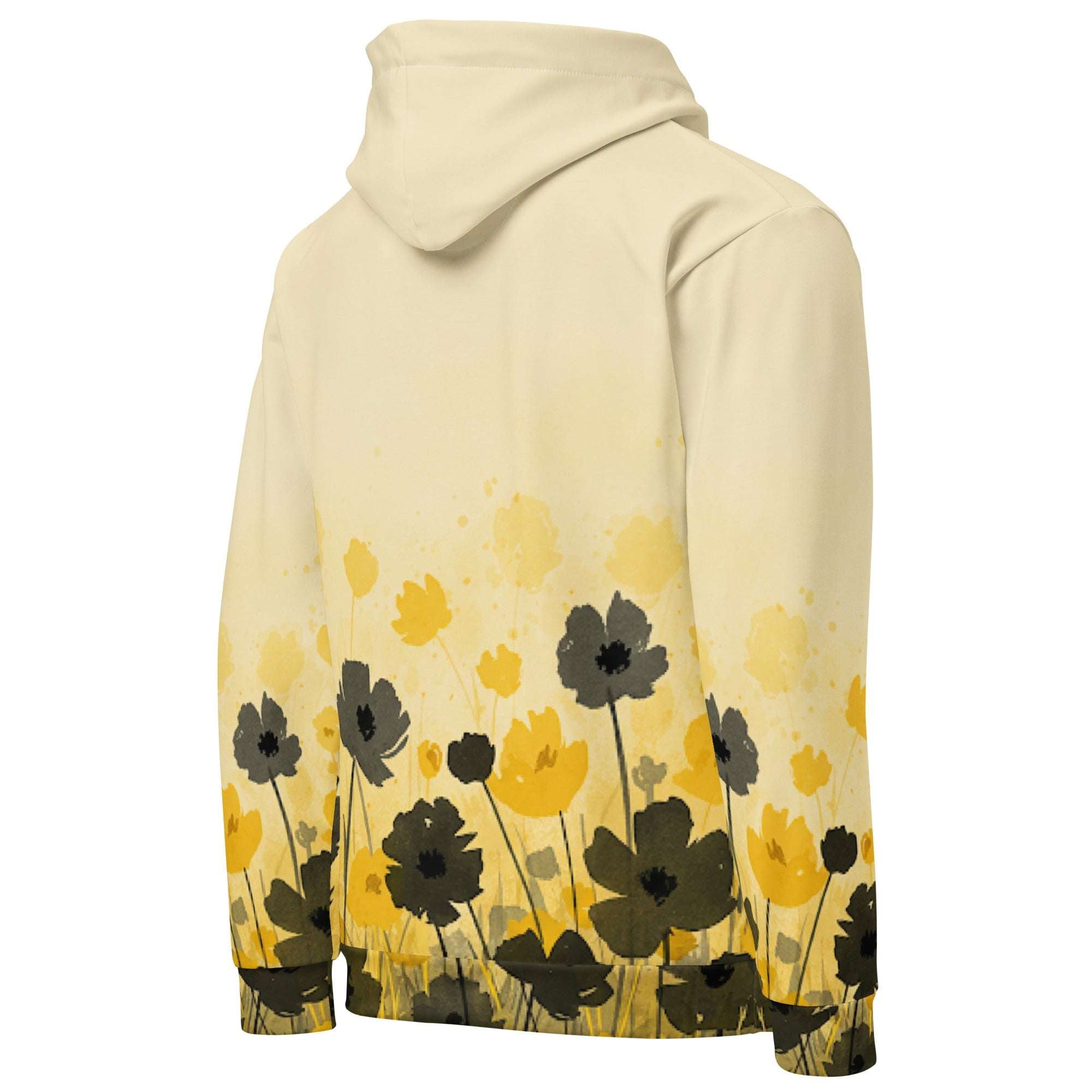 An FFD Luminescence-4 hoodie (backside pose) with a black, white and yellow gradient print of a nature-inspired design featuring hues of white yellow and black tones.