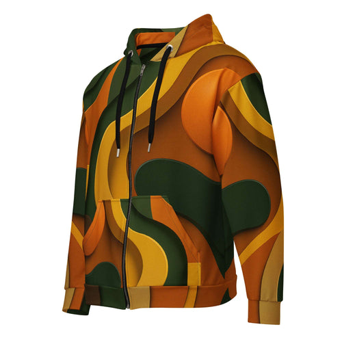 Men’s Urban Utility Hoodie by Form Finding Design, full-zip men’s hoodie in a natural earth-inspired designer print, double-lined hood with premium drawstrings, relaxed streetwear fit on a clean light background, made from soft recycled polyester fleece.
