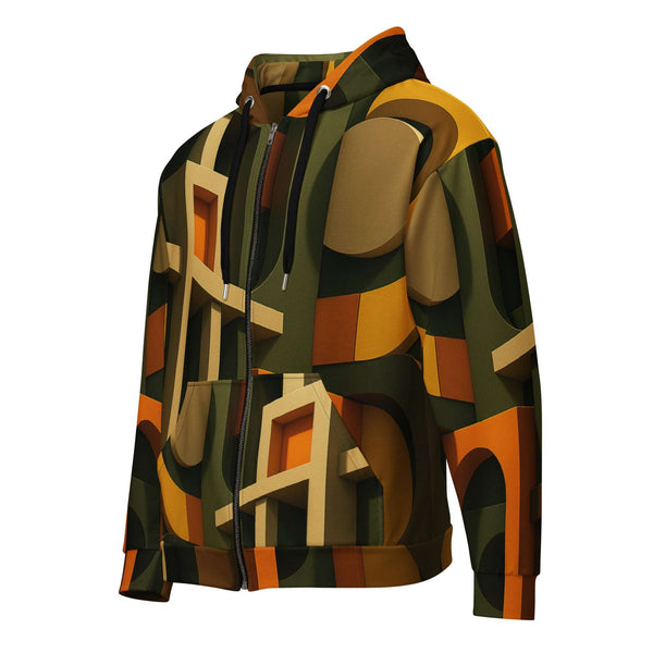 Men's Urban Utility Hoodie (No.02) by Form Finding Design, full-zip men’s hoodie in a natural earth-inspired designer print, double-lined hood with premium drawstrings, relaxed streetwear fit on a clean light background, made from soft recycled polyester fleece.