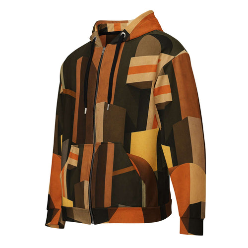 Men's Urban Utility Hoodie (No.05) by Form Finding Design, full-zip men’s hoodie in a natural earth-inspired designer print, double-lined hood with premium drawstrings, relaxed streetwear fit on a clean light background, made from soft recycled polyester fleece.