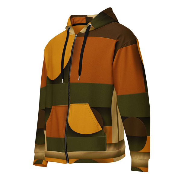 Men's Urban Utility Hoodie (No.09) by Form Finding Design, full-zip men’s hoodie in a natural earth-inspired designer print, double-lined hood with premium drawstrings, relaxed streetwear fit on a clean light background, made from soft recycled polyester fleece.
