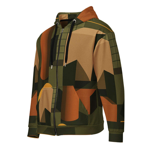 Men's Urban Utility Hoodie (No.10) by Form Finding Design, full-zip men’s hoodie in a natural earth-inspired designer print, double-lined hood with premium drawstrings, relaxed streetwear fit on a clean light background, made from soft recycled polyester fleece.