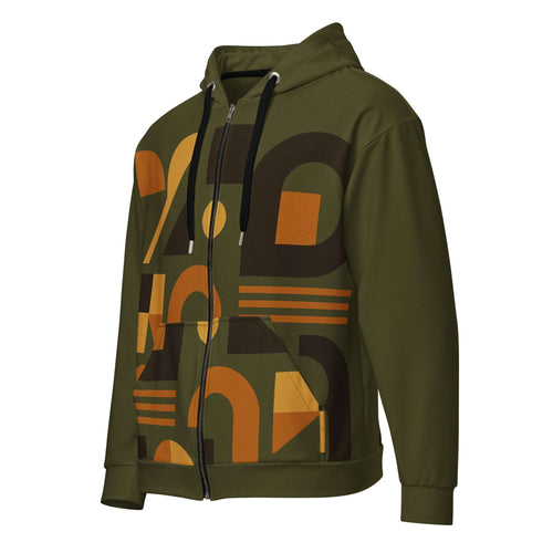 Men's Urban Utility Hoodie (No.13) by Form Finding Design, full-zip men’s hoodie in a natural earth-inspired designer print, double-lined hood with premium drawstrings, relaxed streetwear fit on a clean light background, made from soft recycled polyester fleece.