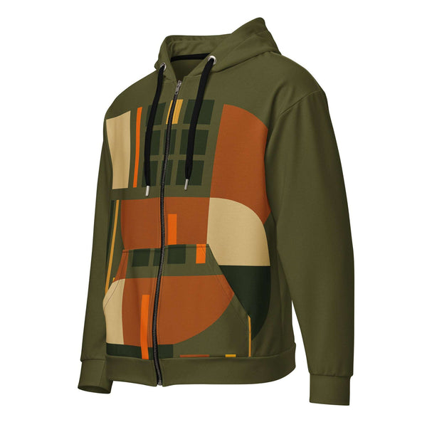 Men's Urban Utility Hoodie (No.17) by Form Finding Design, full-zip men’s hoodie in a natural earth-inspired designer print, double-lined hood with premium drawstrings, relaxed streetwear fit on a clean light background, made from soft recycled polyester fleece.