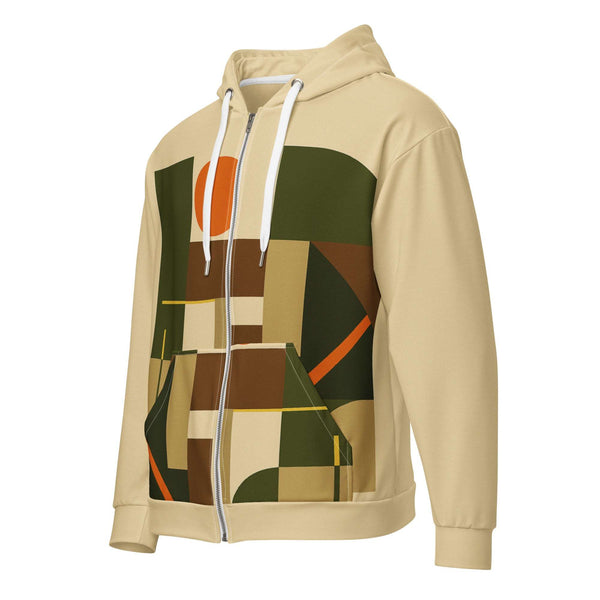 Men's Urban Utility Hoodie (No.18) by Form Finding Design, full-zip men’s hoodie in a natural earth-inspired designer print, double-lined hood with premium drawstrings, relaxed streetwear fit on a clean light background, made from soft recycled polyester fleece.