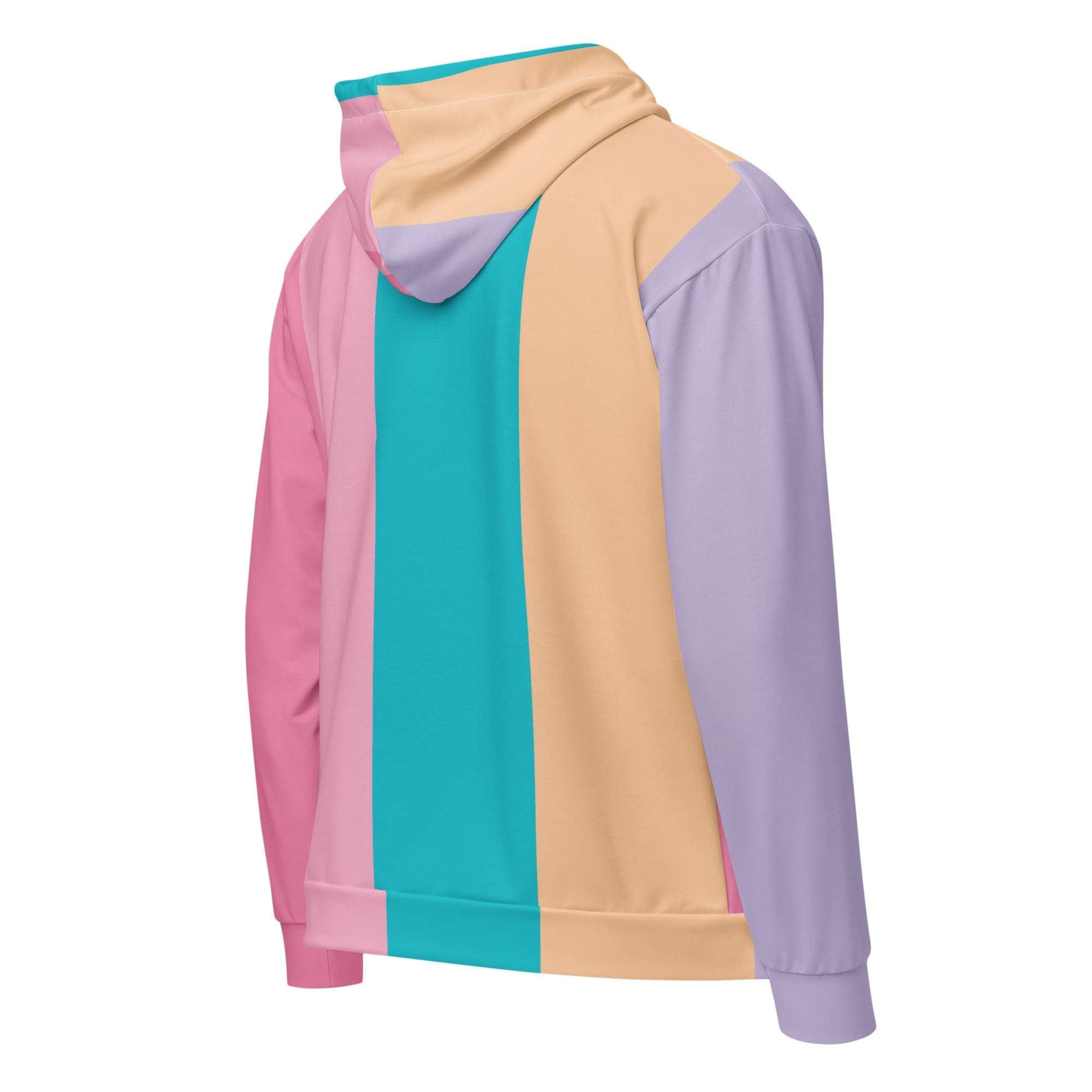 Back view of the Her Palette Strip Hoodie (No.08), highlighting the continuous multicolour palette stripe print across the hood, sleeves and back panel, with ribbed hem and soft recycled polyester fleece construction by Form Finding Design.