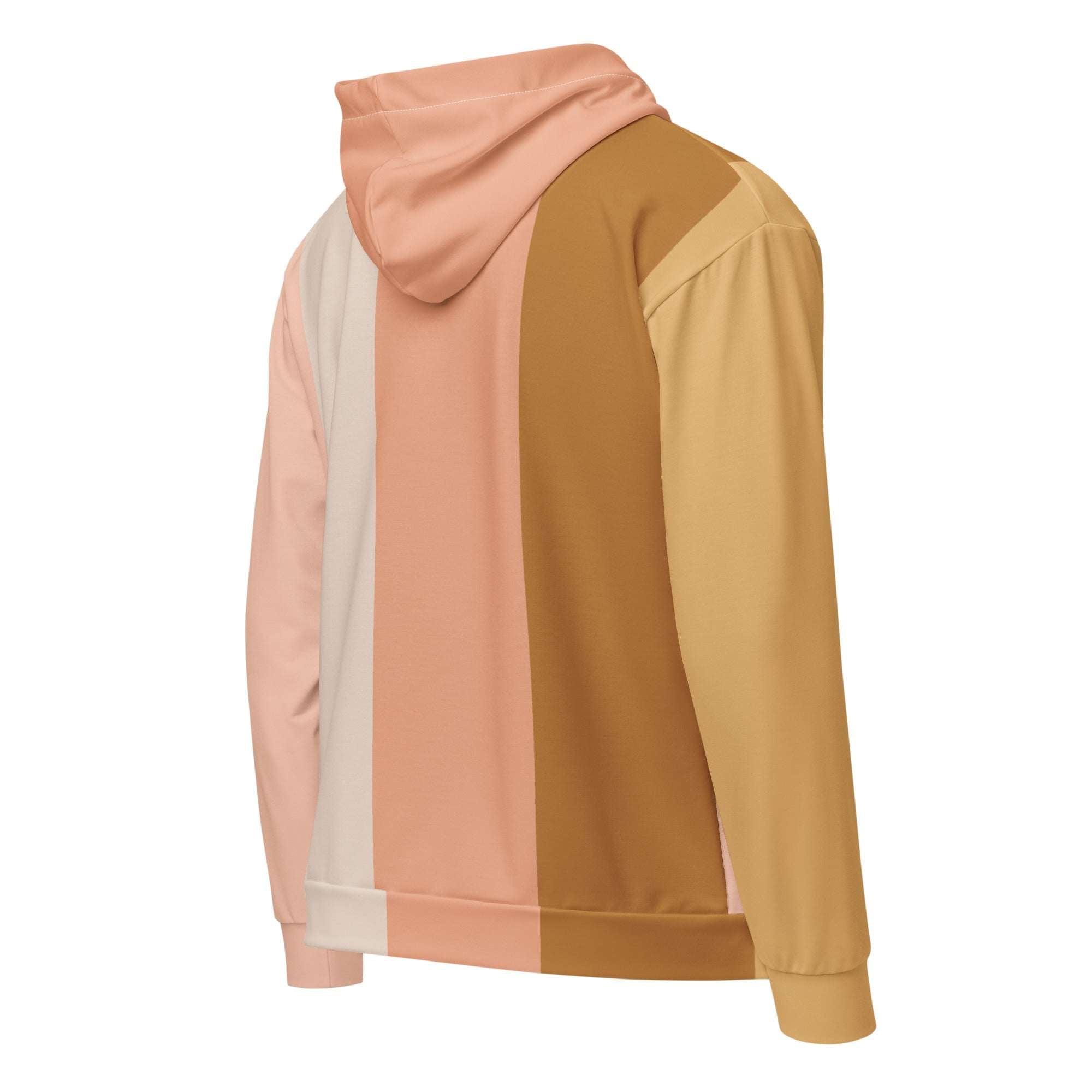 Back view of the Her Palette Strip Hoodie (No.15), highlighting the continuous multicolour palette stripe print across the hood, sleeves and back panel, with ribbed hem and soft recycled polyester fleece construction by Form Finding Design.