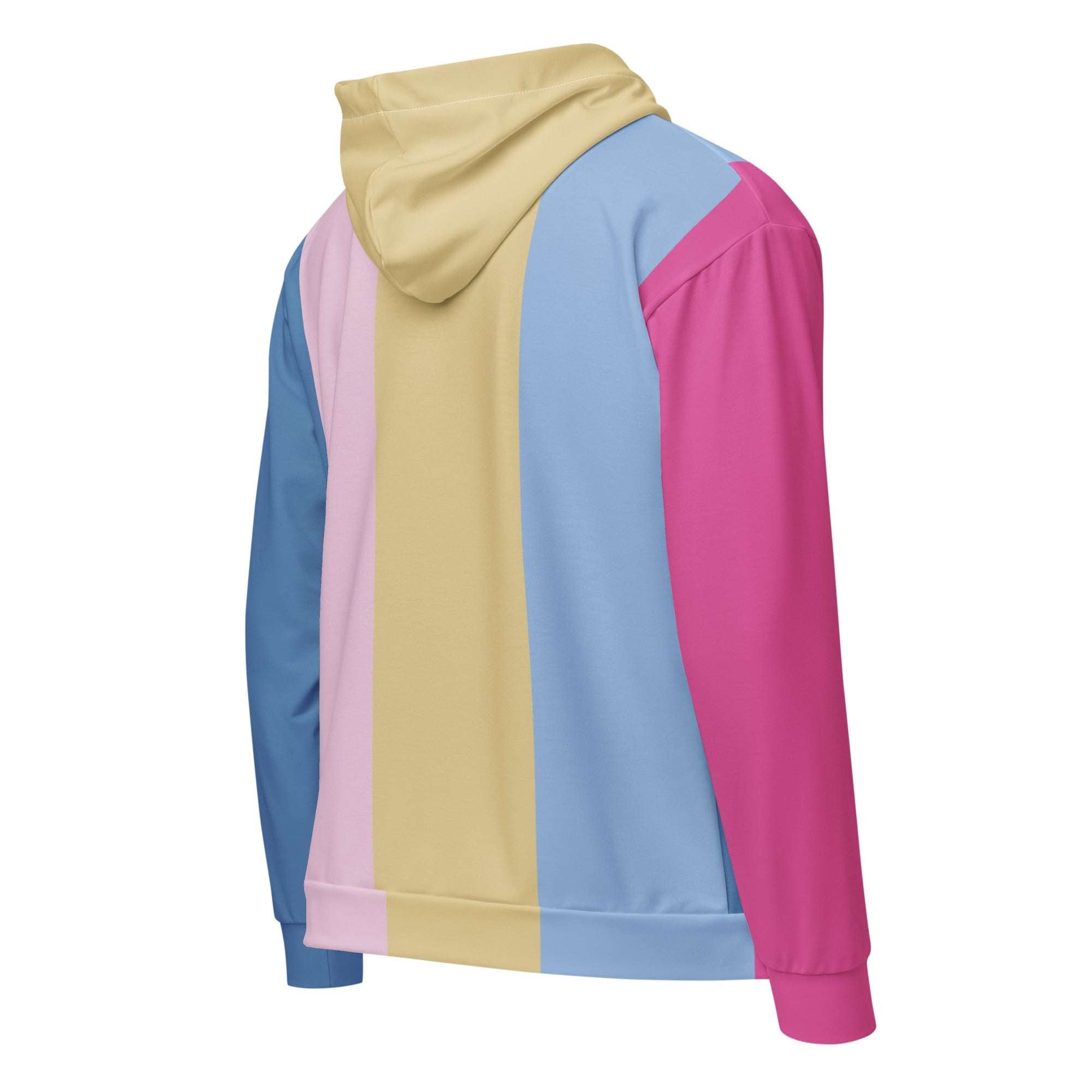 Back view of the Her Palette Strip Hoodie (No.16), highlighting the continuous multicolour palette stripe print across the hood, sleeves and back panel, with ribbed hem and soft recycled polyester fleece construction by Form Finding Design.