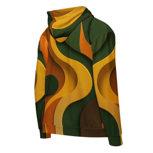 Back view of the Men's Urban Utility Hoodie by Form Finding Design, showing the continuous natural earth-inspired designer print across the hood, sleeves and back panel, with self-fabric cuffs and ribbed hem for a clean modern silhouette.