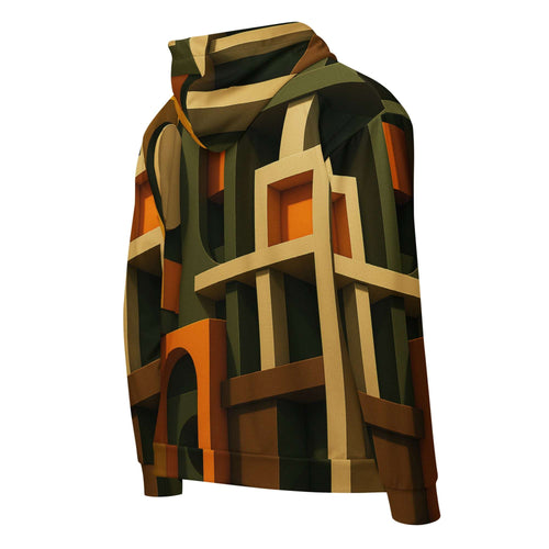 Back view of the Men's Urban Utility Hoodie (No.02) by Form Finding Design, showing the continuous natural earth-inspired designer print across the hood, sleeves and back panel, with self-fabric cuffs and ribbed hem for a clean modern silhouette.
