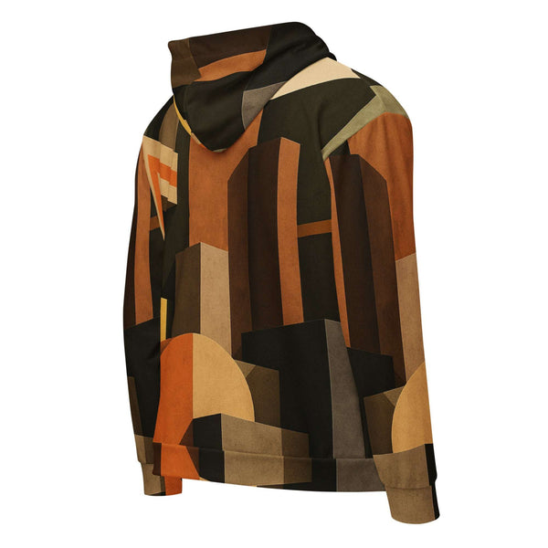 Back view of the Men's Urban Utility Hoodie (No.05) by Form Finding Design, showing the continuous natural earth-inspired designer print across the hood, sleeves and back panel, with self-fabric cuffs and ribbed hem for a clean modern silhouette.