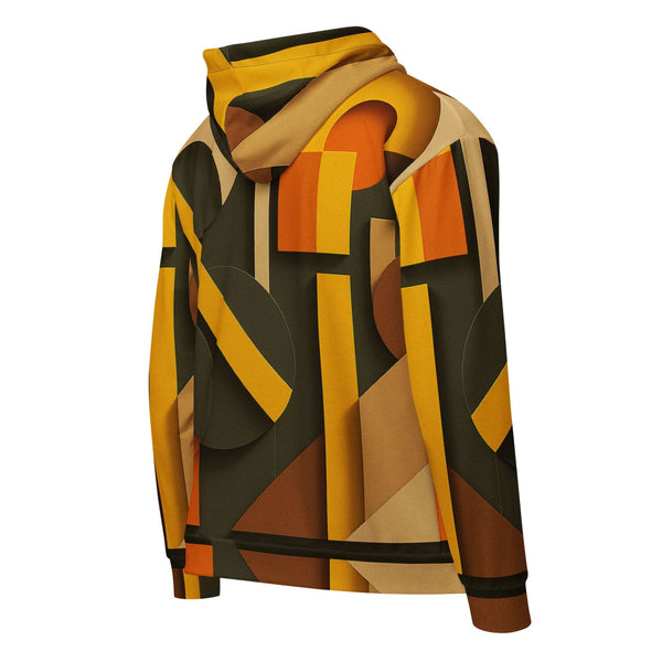 Back view of the Men's Urban Utility Hoodie (No.06) by Form Finding Design, showing the continuous natural earth-inspired designer print across the hood, sleeves and back panel, with self-fabric cuffs and ribbed hem for a clean modern silhouette.