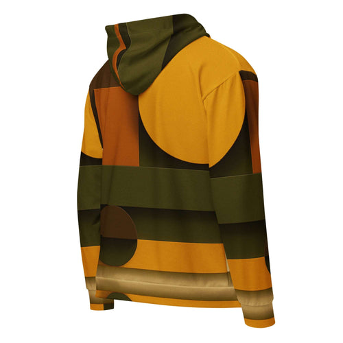 Back view of the Men's Urban Utility Hoodie (No.09) by Form Finding Design, showing the continuous natural earth-inspired designer print across the hood, sleeves and back panel, with self-fabric cuffs and ribbed hem for a clean modern silhouette.