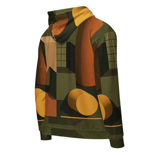 Back view of the Men's Urban Utility Hoodie (No.10) by Form Finding Design, showing the continuous natural earth-inspired designer print across the hood, sleeves and back panel, with self-fabric cuffs and ribbed hem for a clean modern silhouette.