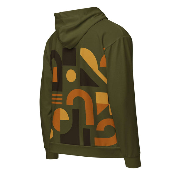 Back view of the Men's Urban Utility Hoodie (No.13) by Form Finding Design, showing the continuous natural earth-inspired designer print across the hood, sleeves and back panel, with self-fabric cuffs and ribbed hem for a clean modern silhouette.