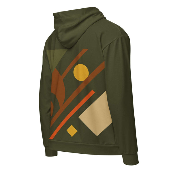 Back view of the Men's Urban Utility Hoodie (No.14) by Form Finding Design, showing the continuous natural earth-inspired designer print across the hood, sleeves and back panel, with self-fabric cuffs and ribbed hem for a clean modern silhouette.