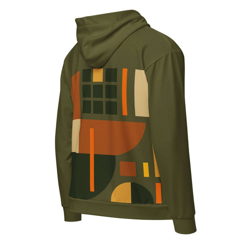 Back view of the Men's Urban Utility Hoodie (No.17) by Form Finding Design, showing the continuous natural earth-inspired designer print across the hood, sleeves and back panel, with self-fabric cuffs and ribbed hem for a clean modern silhouette.