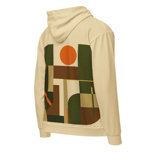 Back view of the Men's Urban Utility Hoodie (No.18) by Form Finding Design, showing the continuous natural earth-inspired designer print across the hood, sleeves and back panel, with self-fabric cuffs and ribbed hem for a clean modern silhouette.