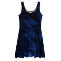 Women’s Deep Blue Skater Dress front mockup by Form Finding Design — sleeveless scoop-neck, fitted waist and flared A-line skirt, finished in a bold all-over abstract midnight-blue print with architectural swirls; modern statement silhouette.
