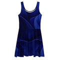 Women’s Deep Blue Skater Dress (No.03) front mockup by Form Finding Design — sleeveless scoop-neck, fitted waist and flared A-line skirt, finished in a bold all-over abstract midnight-blue print with architectural swirls; modern statement silhouette.