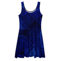 Women’s Deep Blue Skater Dress (No.05) front mockup by Form Finding Design — sleeveless scoop-neck, fitted waist and flared A-line skirt, finished in a bold all-over abstract midnight-blue print with architectural swirls; modern statement silhouette.