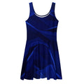 Women’s Deep Blue Skater Dress (No.07) front mockup by Form Finding Design — sleeveless scoop-neck, fitted waist and flared A-line skirt, finished in a bold all-over abstract midnight-blue print with architectural swirls; modern statement silhouette.