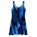 Women’s Deep Blue Skater Dress (No.09) front mockup by Form Finding Design — sleeveless scoop-neck, fitted waist and flared A-line skirt, finished in a bold all-over abstract midnight-blue print with architectural swirls; modern statement silhouette.
