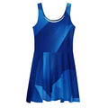 Women’s Deep Blue Skater Dress (No.10) front mockup by Form Finding Design — sleeveless scoop-neck, fitted waist and flared A-line skirt, finished in a bold all-over abstract midnight-blue print with architectural swirls; modern statement silhouette.