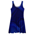 Women’s Deep Blue Skater Dress (No.04) front mockup by Form Finding Design — sleeveless scoop-neck, fitted waist and flared A-line skirt, finished in a bold all-over abstract midnight-blue print with architectural swirls; modern statement silhouette.