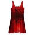 Women’s Deep Red Skater Dress (No.03) front mockup by Form Finding Design — sleeveless scoop-neck, fitted waist and flared A-line skirt, finished in a bold all-over abstract red-and-black print with architectural swirls; modern statement silhouette.