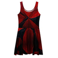 Women’s Deep Red Skater Dress (No.05) front mockup by Form Finding Design — sleeveless scoop-neck, fitted waist and flared A-line skirt, finished in a bold all-over abstract red-and-black print with architectural swirls; modern statement silhouette.
