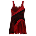Women’s Deep Red Skater Dress (No.06) front mockup by Form Finding Design — sleeveless scoop-neck, fitted waist and flared A-line skirt, finished in a bold all-over abstract red-and-black print with architectural swirls; modern statement silhouette.