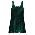 Front flat-lay mockup of the Women’s Deep Green Skater Dress on a white background, sleeveless fit-and-flare cut with deep green abstract leaf print and mid-thigh skater skirt from Form Finding Design.