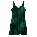 Front flat-lay mockup of the Women's Deep Green Skater Dress (No.02) on a white background, sleeveless fit-and-flare cut with deep green abstract leaf print and mid-thigh skater skirt from Form Finding Design.