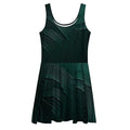 Front flat-lay mockup of the Women's Deep Green Skater Dress (No.03) on a white background, sleeveless fit-and-flare cut with deep green abstract leaf print and mid-thigh skater skirt from Form Finding Design.